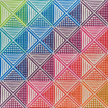 Load image into Gallery viewer, A square print on paper consisting of a geometric deign with triangles, squares and stripes in an ombre of rainbow colors.