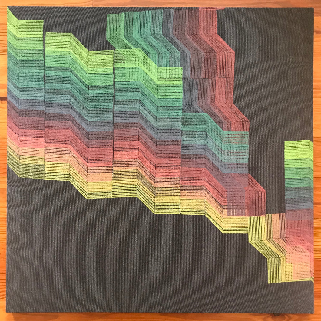 a two foot square piece of suit wool printed by Susana McDonnell of LinoCave using an angled line design in an ombre of rainbow colors.
