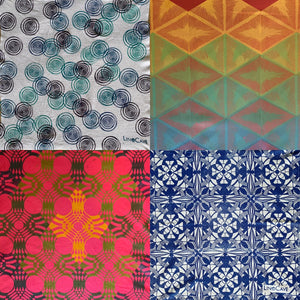 A four-panel sampler of different hand block printed fabrics by Susana McDonnell of LinoCave. Fabrics are charachterized by bright colors and geometric patterns.