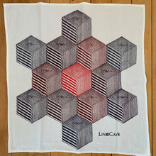 Load image into Gallery viewer, A hand block printed white flour sack towel in a red and purple in a geometric pattern.  