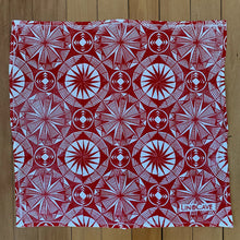 Load image into Gallery viewer, A hand block printed white flour sack towel with red in a geometric pattern. 