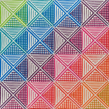 Load image into Gallery viewer, A square print on paper consisting of a geometric deign with triangles, squares and stripes in an ombre of rainbow colors. 