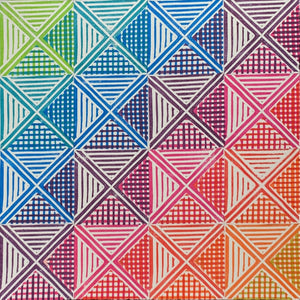 A square print on paper consisting of a geometric deign with triangles, squares and stripes in an ombre of rainbow colors. 