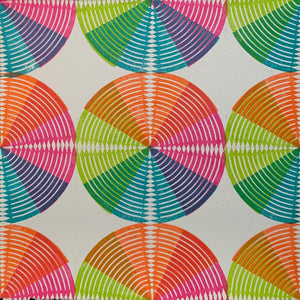 an image of an 8"x8" art print in a circular pattern with circular and line elements and vivid color scheme 
