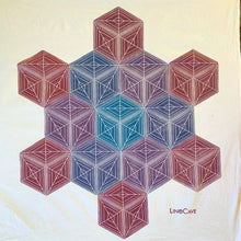 Load image into Gallery viewer, A 28&quot; square flour sack cloth towel hand printed by Susana McDonnell of LinoCave in an ombre of colors ranging from turquoise to red in a geometric pattern of stacked cubes.