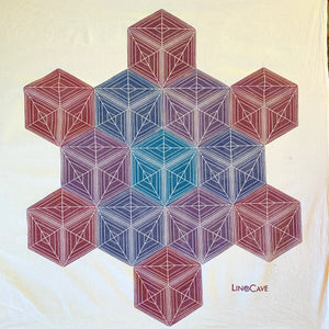 A 28" square flour sack cloth towel hand printed by Susana McDonnell of LinoCave in an ombre of colors ranging from turquoise to red in a geometric pattern of stacked cubes.